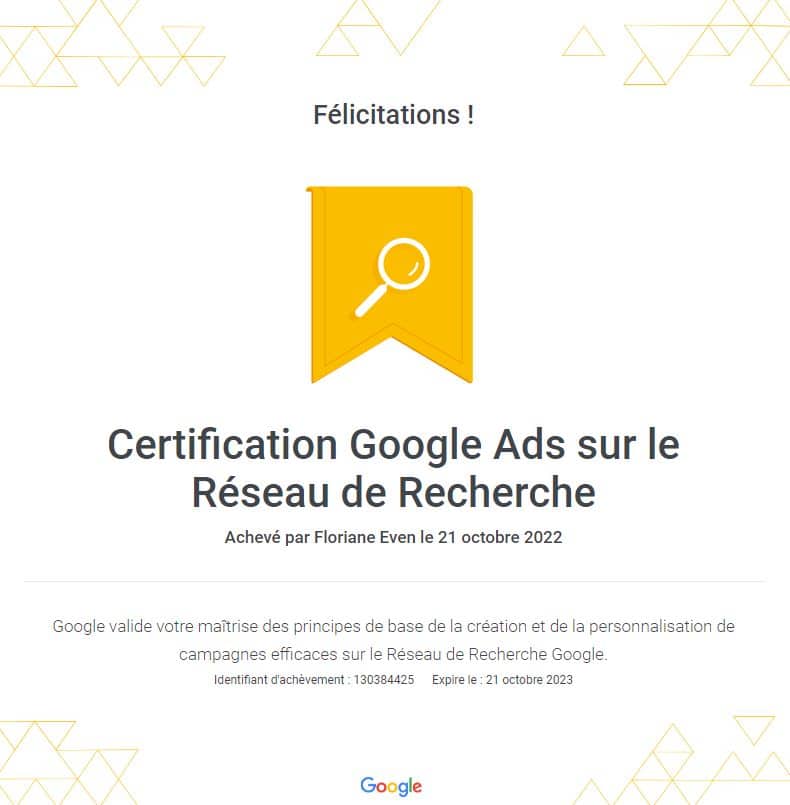 certification google ads réseau de recherche floriane even